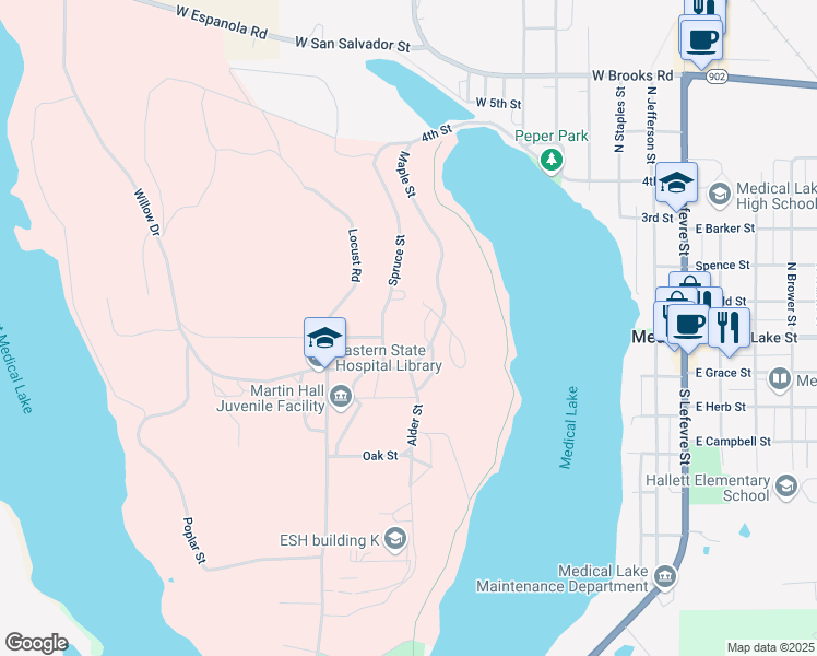 map of restaurants, bars, coffee shops, grocery stores, and more near 850 Maple Street in Medical Lake