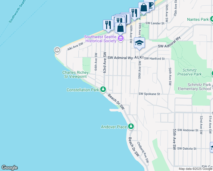 map of restaurants, bars, coffee shops, grocery stores, and more near 3535 Beach Drive Southwest in Seattle