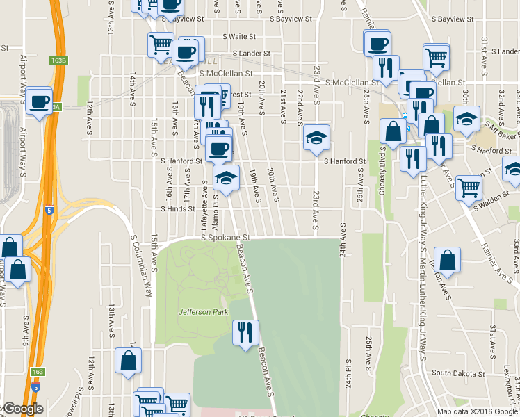 map of restaurants, bars, coffee shops, grocery stores, and more near 19th Ave S & S Hinds St in Seattle