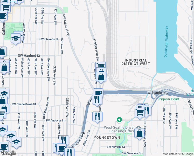map of restaurants, bars, coffee shops, grocery stores, and more near 3318 30th Avenue Southwest in Seattle