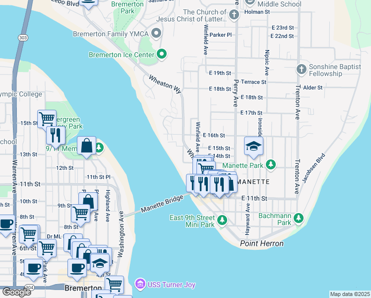 map of restaurants, bars, coffee shops, grocery stores, and more near 1307 Wheaton Way in Bremerton