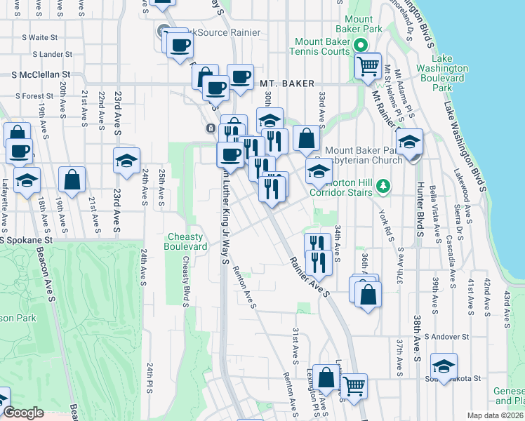 map of restaurants, bars, coffee shops, grocery stores, and more near 3402 Claremont Avenue South in Seattle