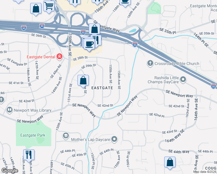 map of restaurants, bars, coffee shops, grocery stores, and more near 15420 Southeast 41st Street in Bellevue