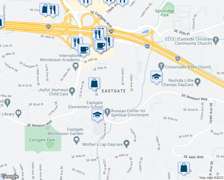 map of restaurants, bars, coffee shops, grocery stores, and more near 3975 154th Avenue Southeast in Bellevue