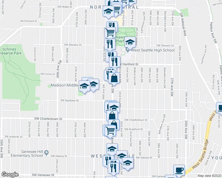 map of restaurants, bars, coffee shops, grocery stores, and more near 3449 California Avenue Southwest in Seattle