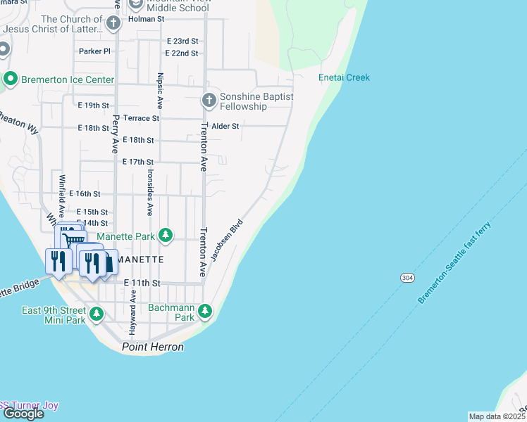 map of restaurants, bars, coffee shops, grocery stores, and more near 1334 Jacobsen Boulevard in Bremerton