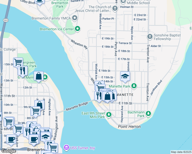 map of restaurants, bars, coffee shops, grocery stores, and more near 1307 Wheaton Way in Bremerton