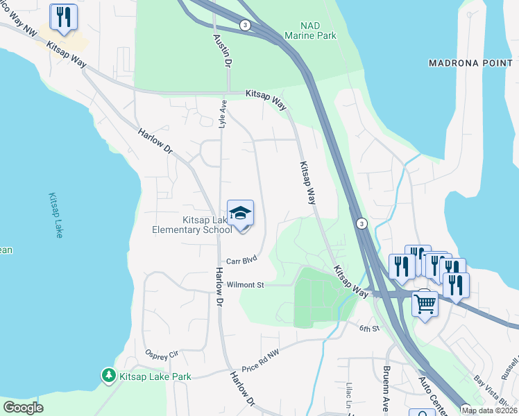 map of restaurants, bars, coffee shops, grocery stores, and more near 1111 Carr Boulevard in Bremerton