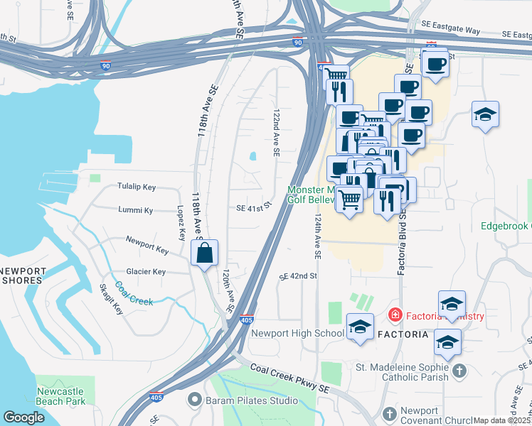 map of restaurants, bars, coffee shops, grocery stores, and more near 12115 Southeast 41st Street in Bellevue