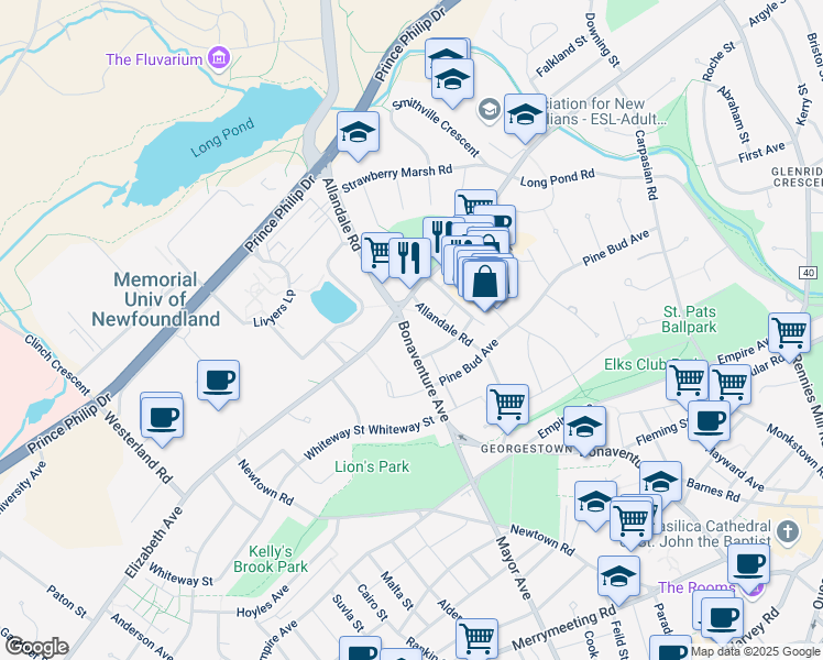 map of restaurants, bars, coffee shops, grocery stores, and more near 140 Bonaventure Avenue in St. John's