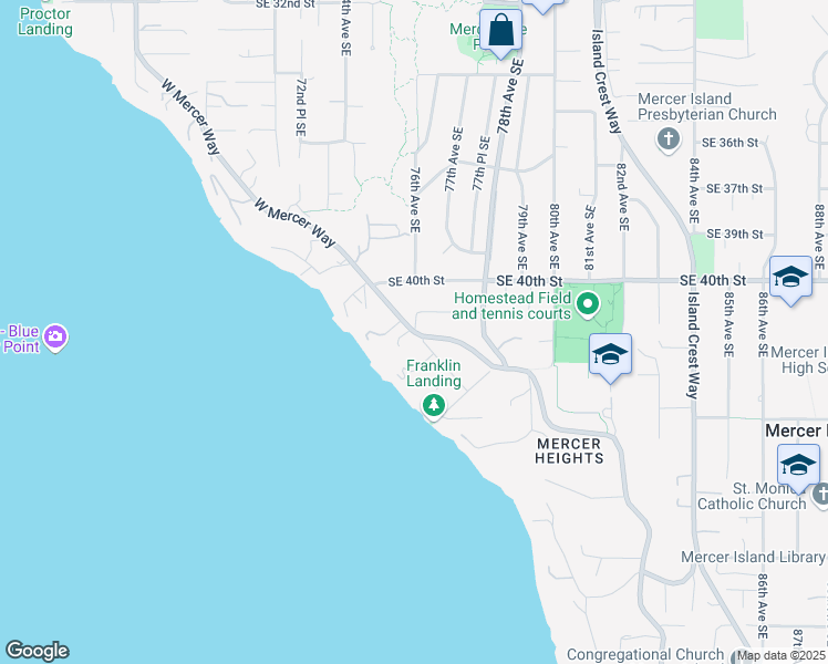 map of restaurants, bars, coffee shops, grocery stores, and more near 4227 76th Avenue Southeast in Mercer Island