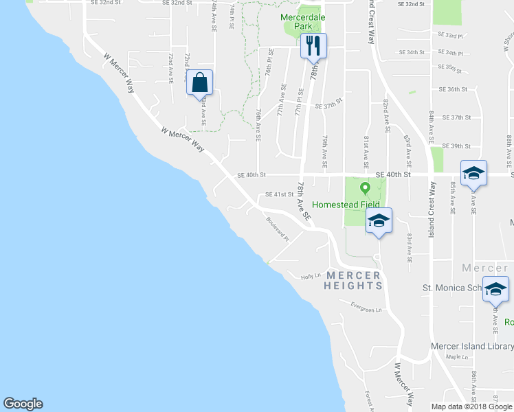 map of restaurants, bars, coffee shops, grocery stores, and more near 4227 76th Avenue Southeast in Mercer Island