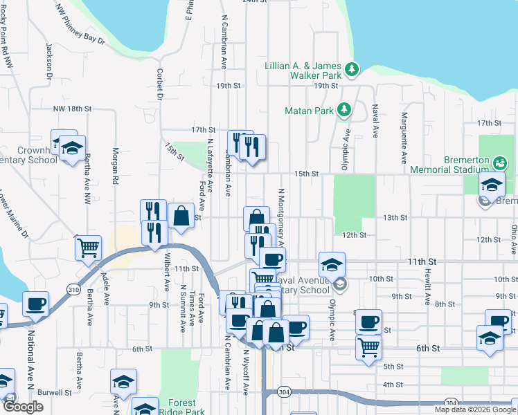 map of restaurants, bars, coffee shops, grocery stores, and more near 1137 North Callow Avenue in Bremerton
