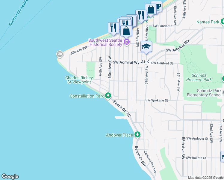 map of restaurants, bars, coffee shops, grocery stores, and more near 3403 63rd Avenue Southwest in Seattle