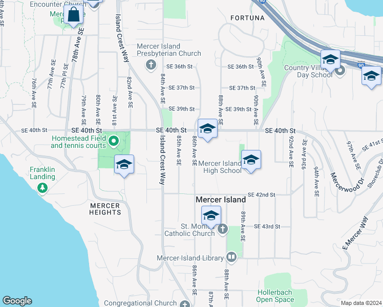 map of restaurants, bars, coffee shops, grocery stores, and more near 4047 86th Avenue Southeast in Mercer Island