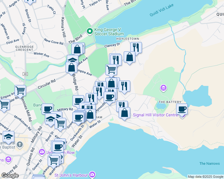 map of restaurants, bars, coffee shops, grocery stores, and more near 52 Quidi Vidi Road in St. John's