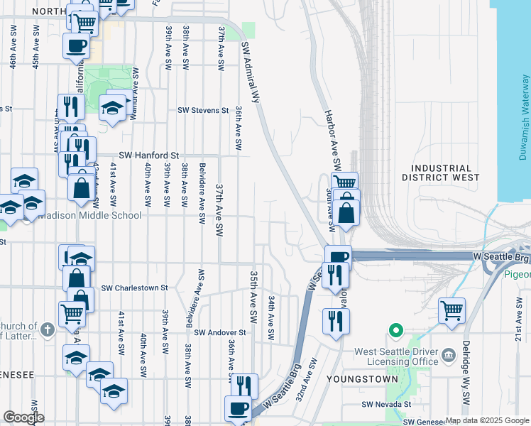 map of restaurants, bars, coffee shops, grocery stores, and more near 3256 35th Avenue Southwest in Seattle