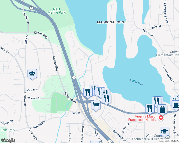 map of restaurants, bars, coffee shops, grocery stores, and more near 1335 Shorewood Drive in Bremerton