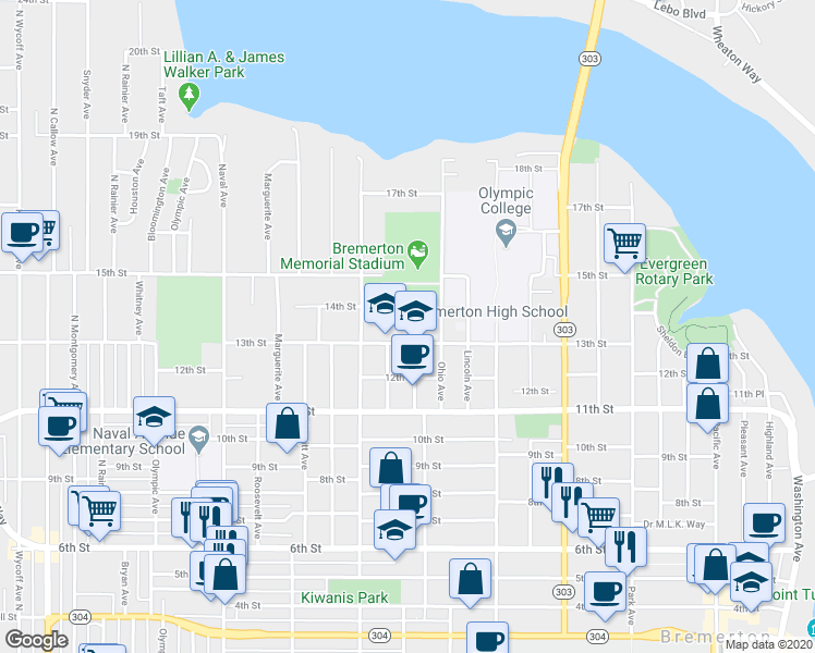 map of restaurants, bars, coffee shops, grocery stores, and more near 1500 13th Street in Bremerton