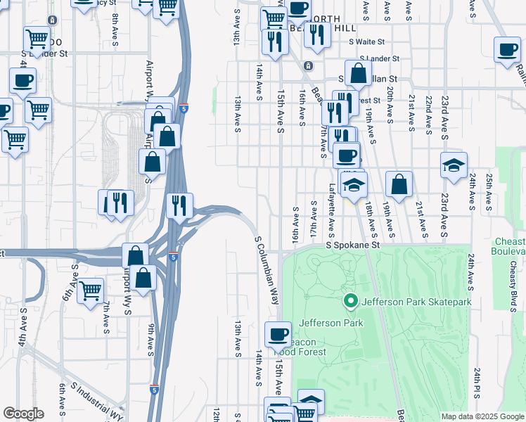 map of restaurants, bars, coffee shops, grocery stores, and more near 3234 14th Avenue South in Seattle