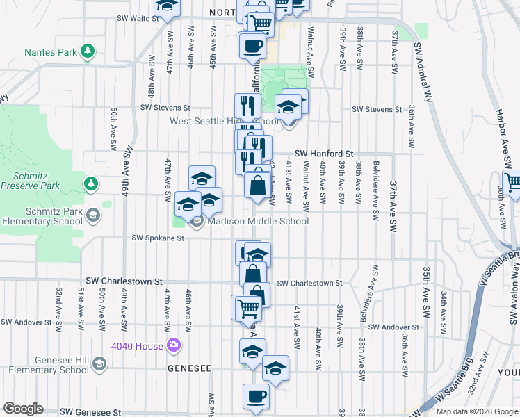 map of restaurants, bars, coffee shops, grocery stores, and more near 3258 California Avenue Southwest in Seattle