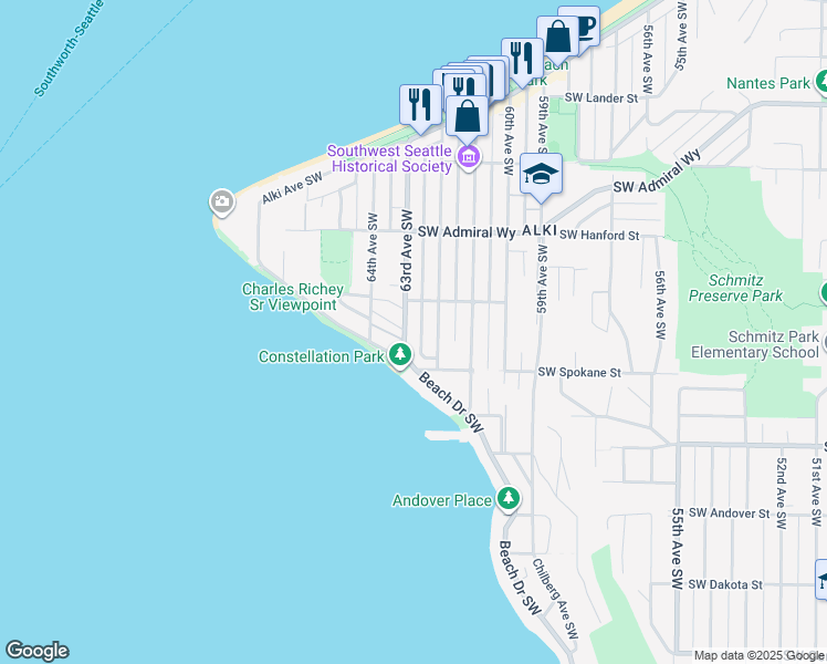 map of restaurants, bars, coffee shops, grocery stores, and more near 3403 63rd Avenue Southwest in Seattle