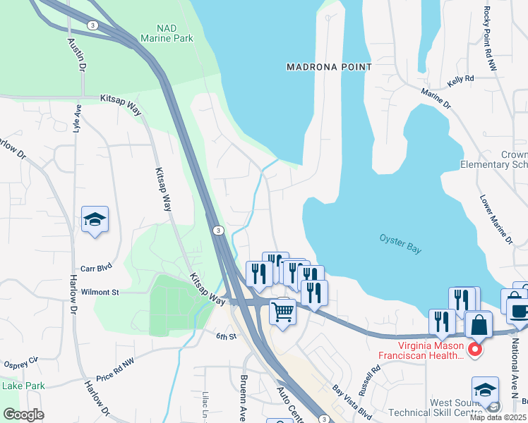 map of restaurants, bars, coffee shops, grocery stores, and more near 1335 Shorewood Drive in Bremerton