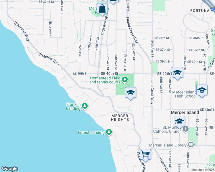 map of restaurants, bars, coffee shops, grocery stores, and more near 7837 Southeast 40th Street in Mercer Island
