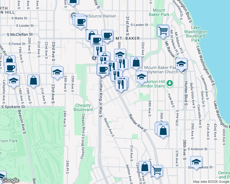 map of restaurants, bars, coffee shops, grocery stores, and more near 3235 Rainier Avenue South in Seattle
