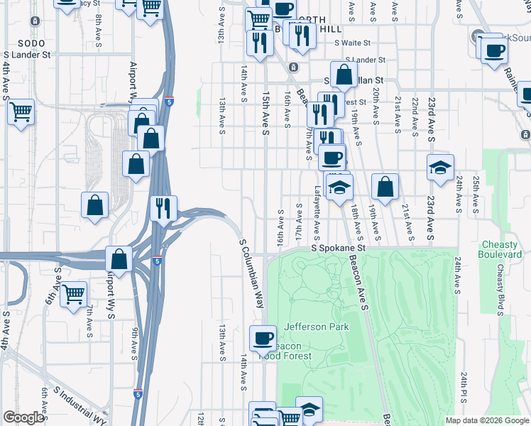 map of restaurants, bars, coffee shops, grocery stores, and more near 15th Avenue South in Seattle