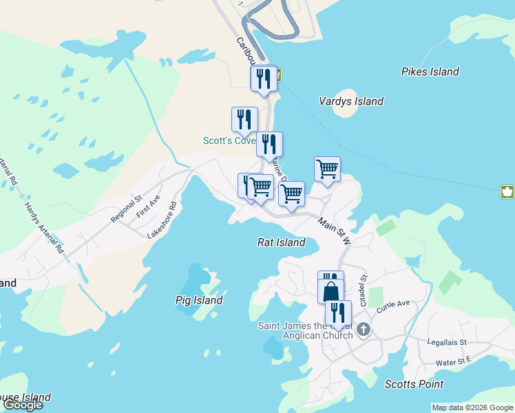 map of restaurants, bars, coffee shops, grocery stores, and more near 6 Main Street West in Channel-Port aux Basques
