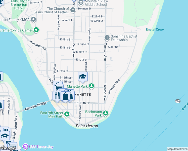 map of restaurants, bars, coffee shops, grocery stores, and more near 1603 Vandalia Avenue in Bremerton