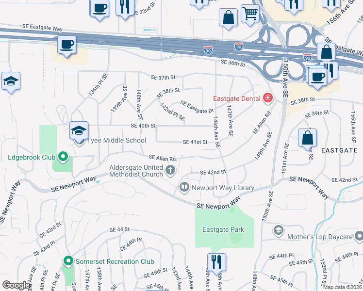 map of restaurants, bars, coffee shops, grocery stores, and more near 14240 Southeast 41st Street in Bellevue