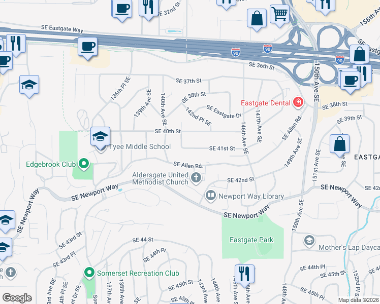map of restaurants, bars, coffee shops, grocery stores, and more near 4018 142nd Avenue Southeast in Bellevue
