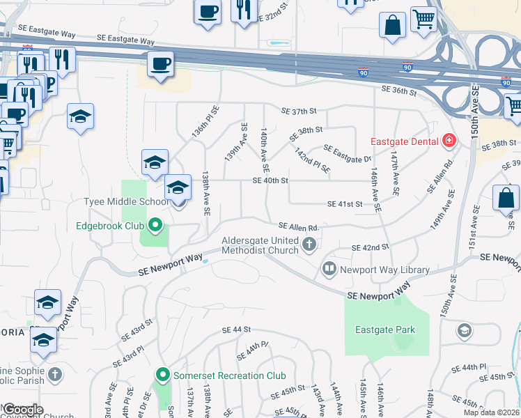map of restaurants, bars, coffee shops, grocery stores, and more near 4016 139th Avenue Southeast in Bellevue
