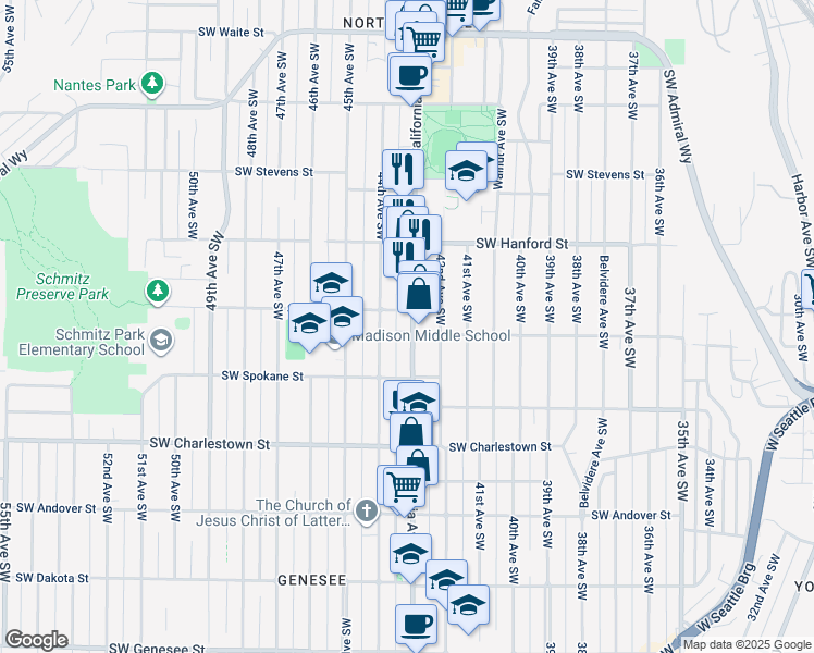 map of restaurants, bars, coffee shops, grocery stores, and more near 3258 California Avenue Southwest in Seattle