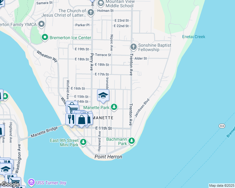 map of restaurants, bars, coffee shops, grocery stores, and more near 1603 Vandalia Avenue in Bremerton