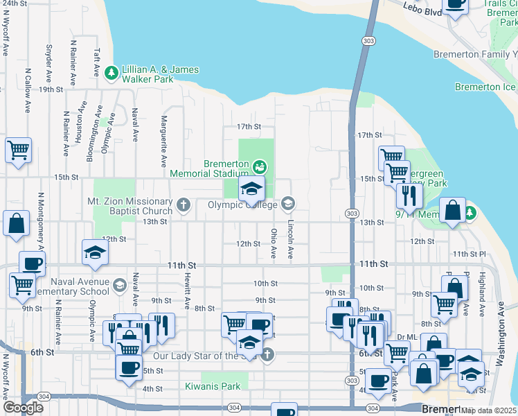 map of restaurants, bars, coffee shops, grocery stores, and more near 1500 13th Street in Bremerton