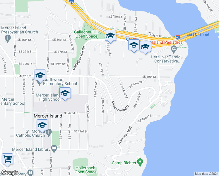 map of restaurants, bars, coffee shops, grocery stores, and more near 9340 Mercerwood Drive in Mercer Island