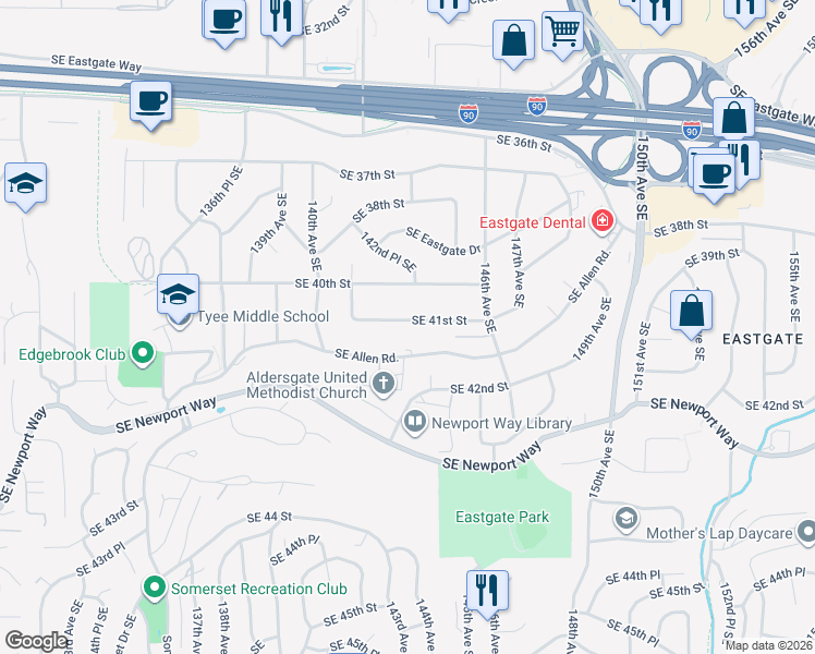 map of restaurants, bars, coffee shops, grocery stores, and more near 14240 Southeast 41st Street in Bellevue
