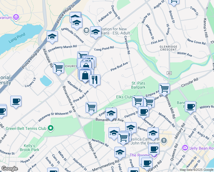 map of restaurants, bars, coffee shops, grocery stores, and more near 10 Chestnut Place in St. John's