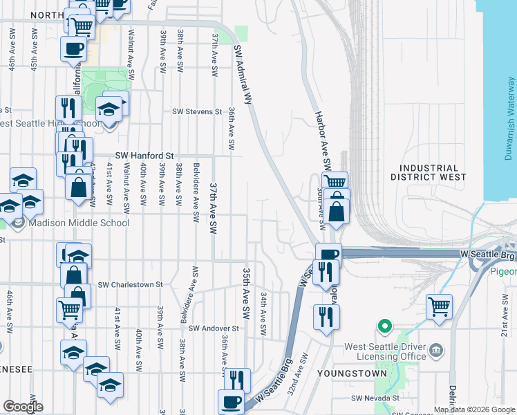 map of restaurants, bars, coffee shops, grocery stores, and more near 3309 34th Avenue Southwest in Seattle