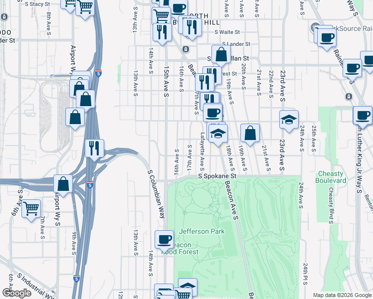 map of restaurants, bars, coffee shops, grocery stores, and more near 3301 17th Avenue South in Seattle