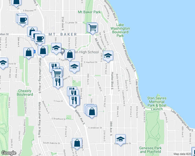 map of restaurants, bars, coffee shops, grocery stores, and more near 3308 York Road South in Seattle