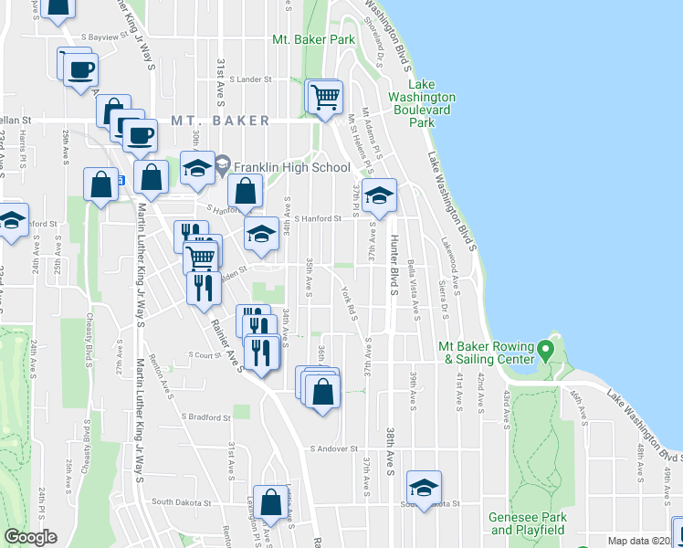 map of restaurants, bars, coffee shops, grocery stores, and more near 3240 36th Avenue South in Seattle