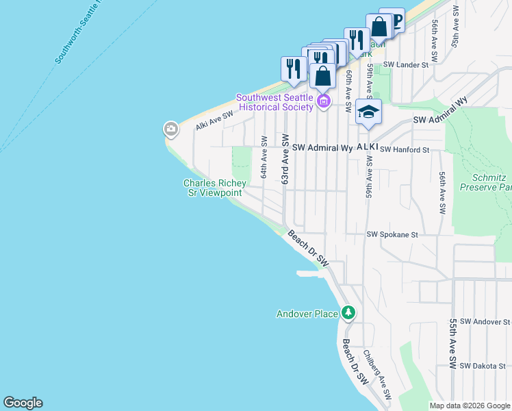 map of restaurants, bars, coffee shops, grocery stores, and more near 3407 64th Avenue Southwest in Seattle