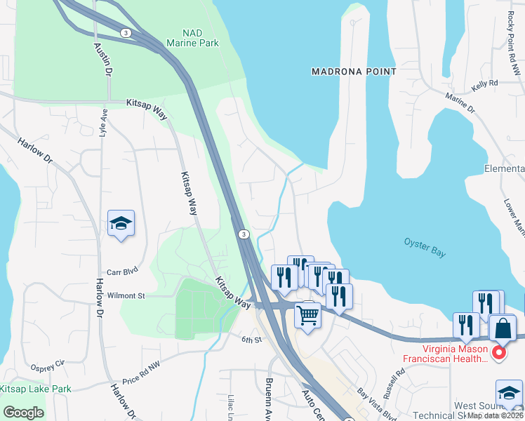 map of restaurants, bars, coffee shops, grocery stores, and more near 5108 Hideaway Lane in Bremerton