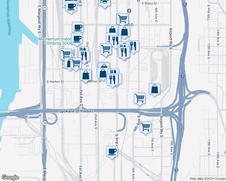 map of restaurants, bars, coffee shops, grocery stores, and more near 3301 4th Avenue South in Seattle
