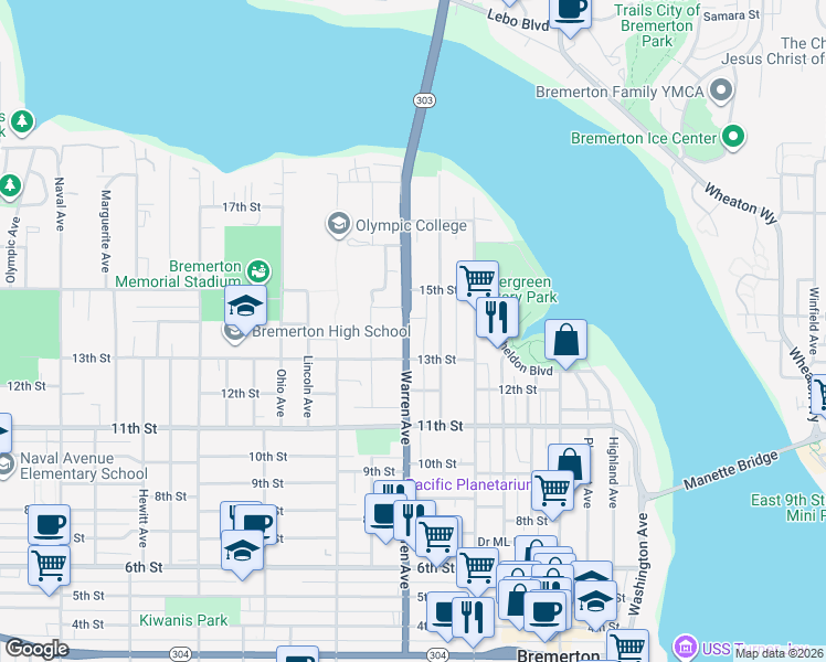 map of restaurants, bars, coffee shops, grocery stores, and more near 1322 Warren Avenue in Bremerton