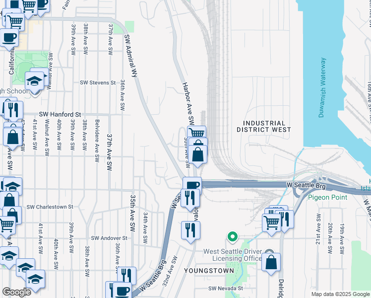 map of restaurants, bars, coffee shops, grocery stores, and more near 3257 30th Avenue Southwest in Seattle